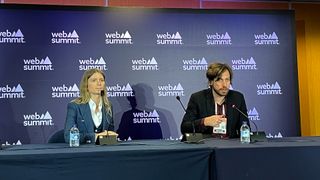 Nym Technologies CEO Harry Halpin and security consultant Chelsea Manning presenting the new Nym VPN during a press conference at the Web Summit in Lisbon on November 16, 2023.