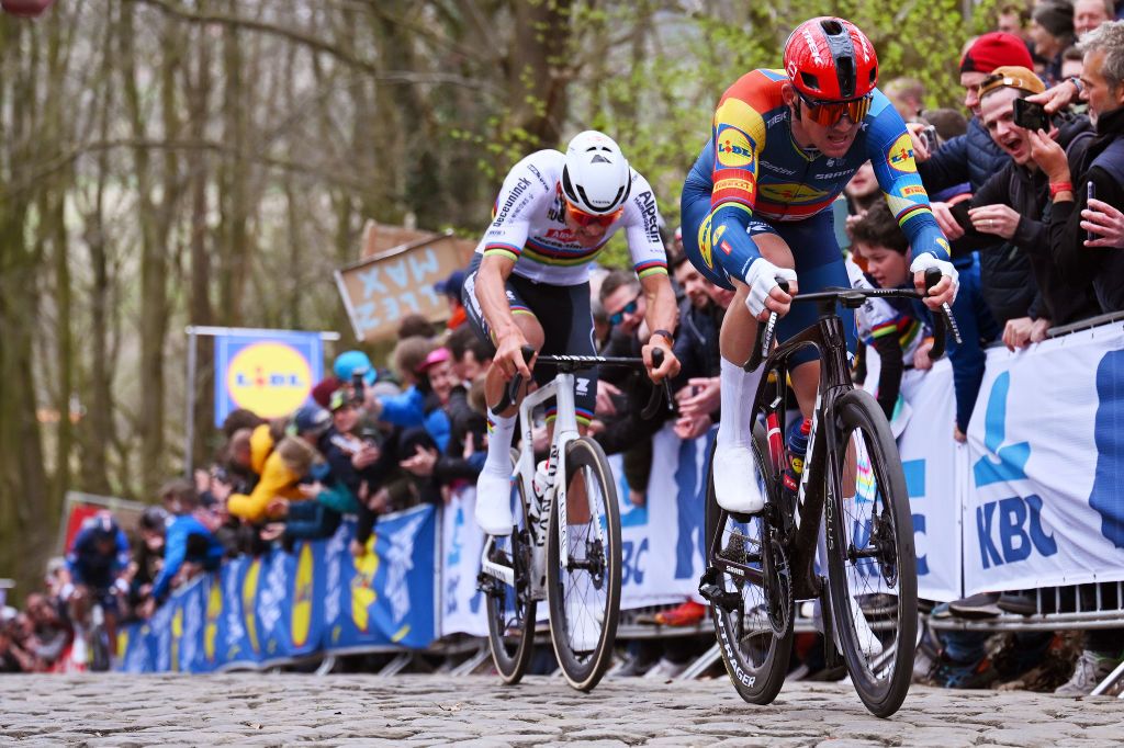 Mads Pedersen (Lidl-Trek) with Mathieu van der Poel (Alpecin-Deceuninck) on the Kemmelberg at the 2024 Gent Wevelgem