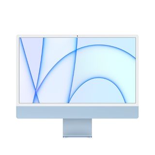 An Apple iMac M1 desktop computer in blue on a white background