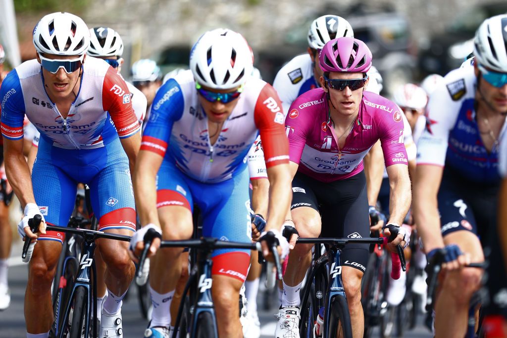 CUNEO ITALY MAY 20 LR Ramon Sinkeldam of Netherlands and Arnaud Demare of France and Team Groupama FDJ Purple Points Jersey compete during the 105th Giro dItalia 2022 Stage 13 a 150km stage from Sanremo to Cuneo 547m Giro WorldTour on May 20 2022 in Cuneo Italy Photo by Michael SteeleGetty Images