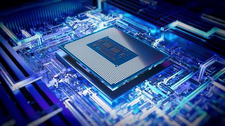 A render of an Intel CPU in a futuristic PC.