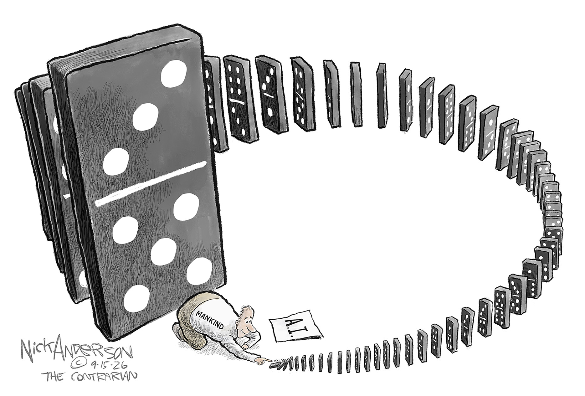 A man labeled &amp;ldquo;Mankind&amp;rdquo; kneels on the ground and tips over the first, small domino in a large circle of &amp;ldquo;A.I&amp;rdquo; dominoes. Each domino is progressively larger than the one before it and they all lead back to the man, where a giant domino stands ready to fall and crush the man.