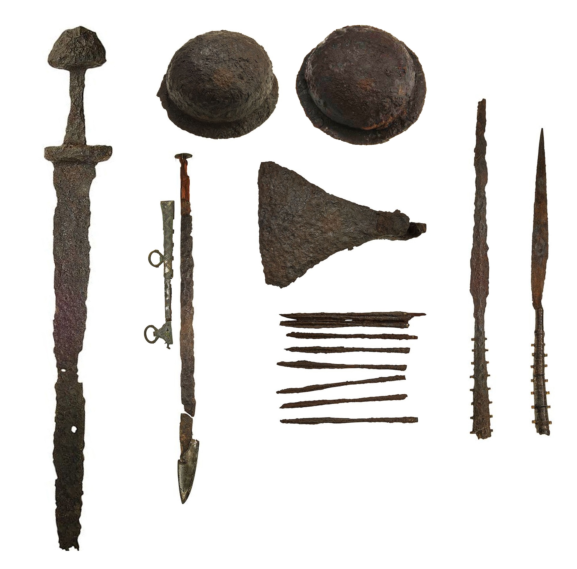 a photo of weathered old metal weapons against a white background