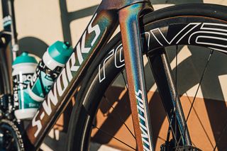 The rainbow pigment on Sagan's bike stands out in the sunlight