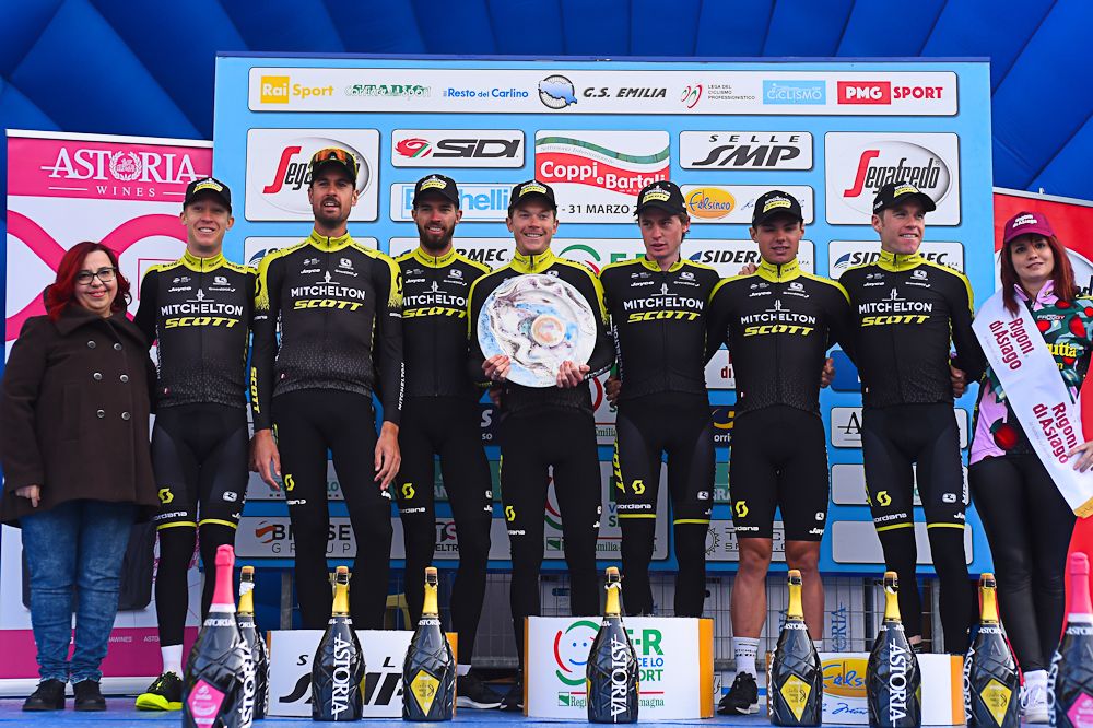 Mitchelton - Scott on the Coppi e Bartali podium