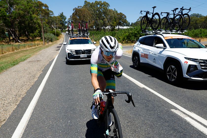 CAMPBELLTOWN, AUSTRALIA - JANUARY 19: Alyssa Polites of Australia and Team Australia competes during the 10th Santos Women's Tour Down Under 2026, Stage 3 a 126.5km stage from Norwood to Campbelltown / #UCIWWT / on January 19, 2026 in Campbelltown, Australia. (Photo by Con Chronis/Getty Images)