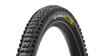 Close-up view on the Michelin DH16 tire