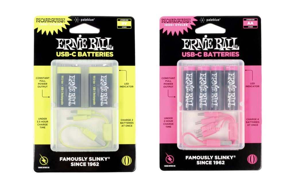 Two packs of Ernie Ball&#039;s rechargeable USB-C batteries