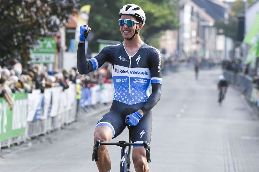 Dutch Timo De Jong of Volkerswessels Cycling Team celebrates as he crosses the finish line at the 2024 edition of the &#039;Nationale Sluitingsprijs&#039; one day cycling race in Putte-Kapellen, Kapellen on Tuesday 15 October 2024. BELGA PHOTO GOYVAERTS (Photo by GOYVAERTS / BELGA MAG / Belga via AFP)
