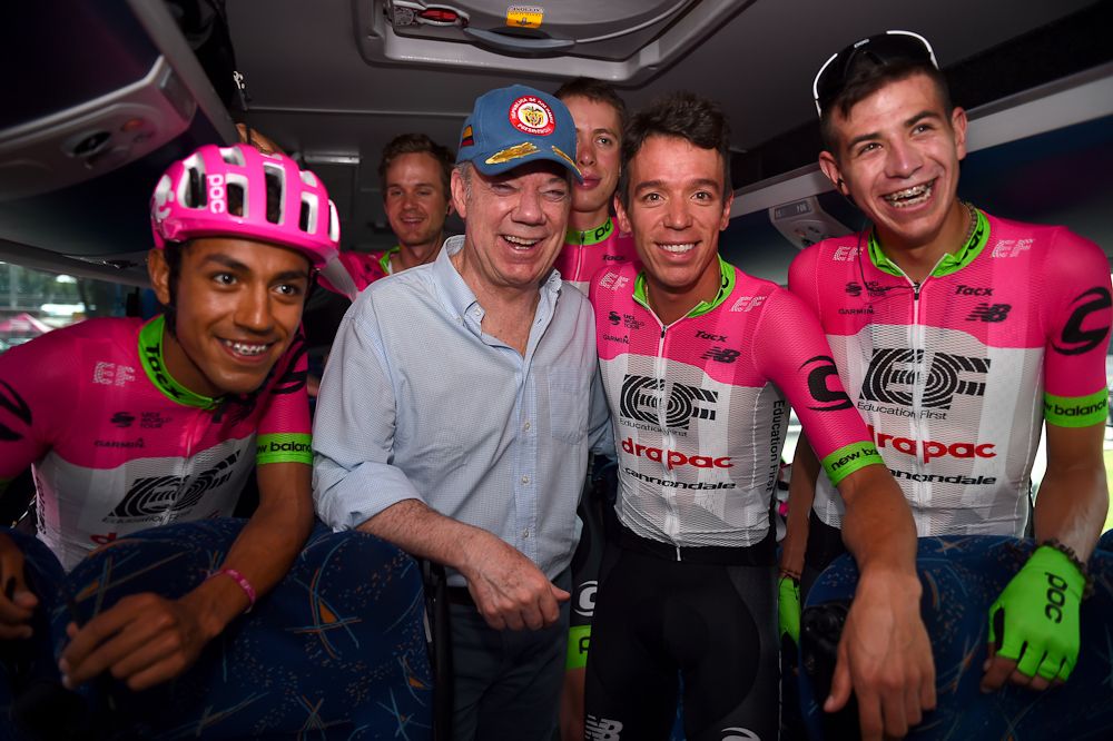President of Republic of Colombia Juan Manuel Santos with Rigoberto Uran and his EF Education First-Drapac teammates