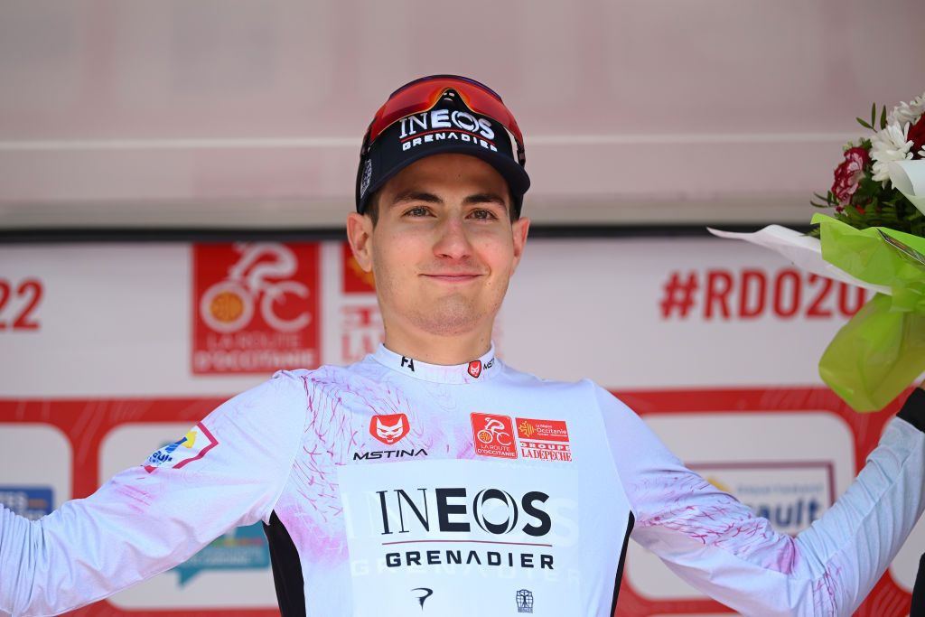 AUTERIVE FRANCE JUNE 19 Carlos Rodriguez Cano of Spain and Team INEOS Grenadiers White Best Young Rider Jersey celebrates at podium during the 46th La Route dOccitanie La Depeche du Midi 2022 Stage 4 a 1883km stage from Les Angles to Auterive RDO2022 on June 19 2022 in Auterive France Photo by Dario BelingheriGetty Images
