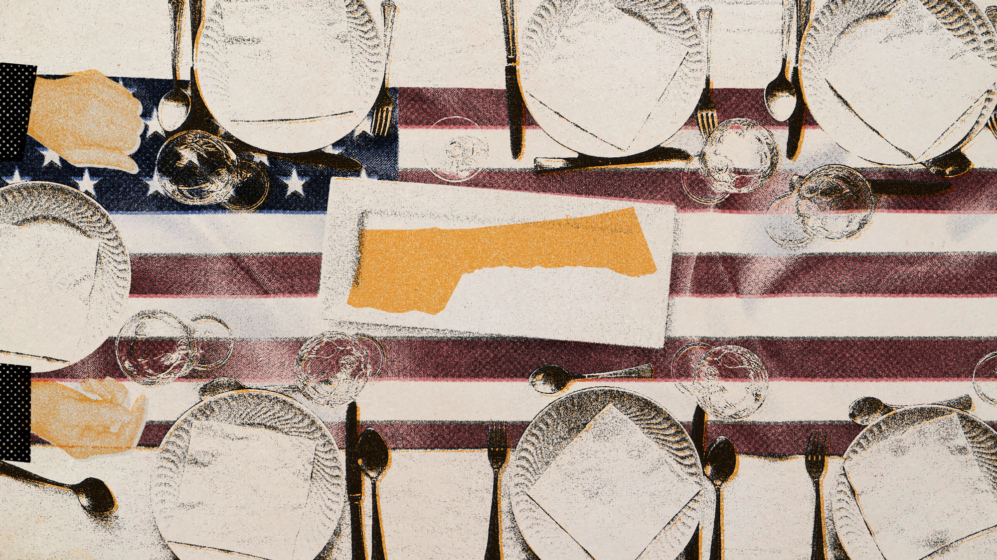Photo collage of top-down view of a table laid with the USA flag as tablecloth. At the head of the table, a man sits with only his orange hands visible. In the middle on the table, the outline of the Gaza Strip is laid out on a platter.