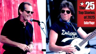 LEFT: American actor Jack Nicholson onstage at the Live Aid benefit concert, Philadelphia, Pennsylvania, July 13, 1985. RIGHT: American Blues and rock musician George Thorogood performs onstage during the Live Aid benefit concert at Veteren's Stadium, Philadelphia, Pennsylvania, July 13, 1985. 