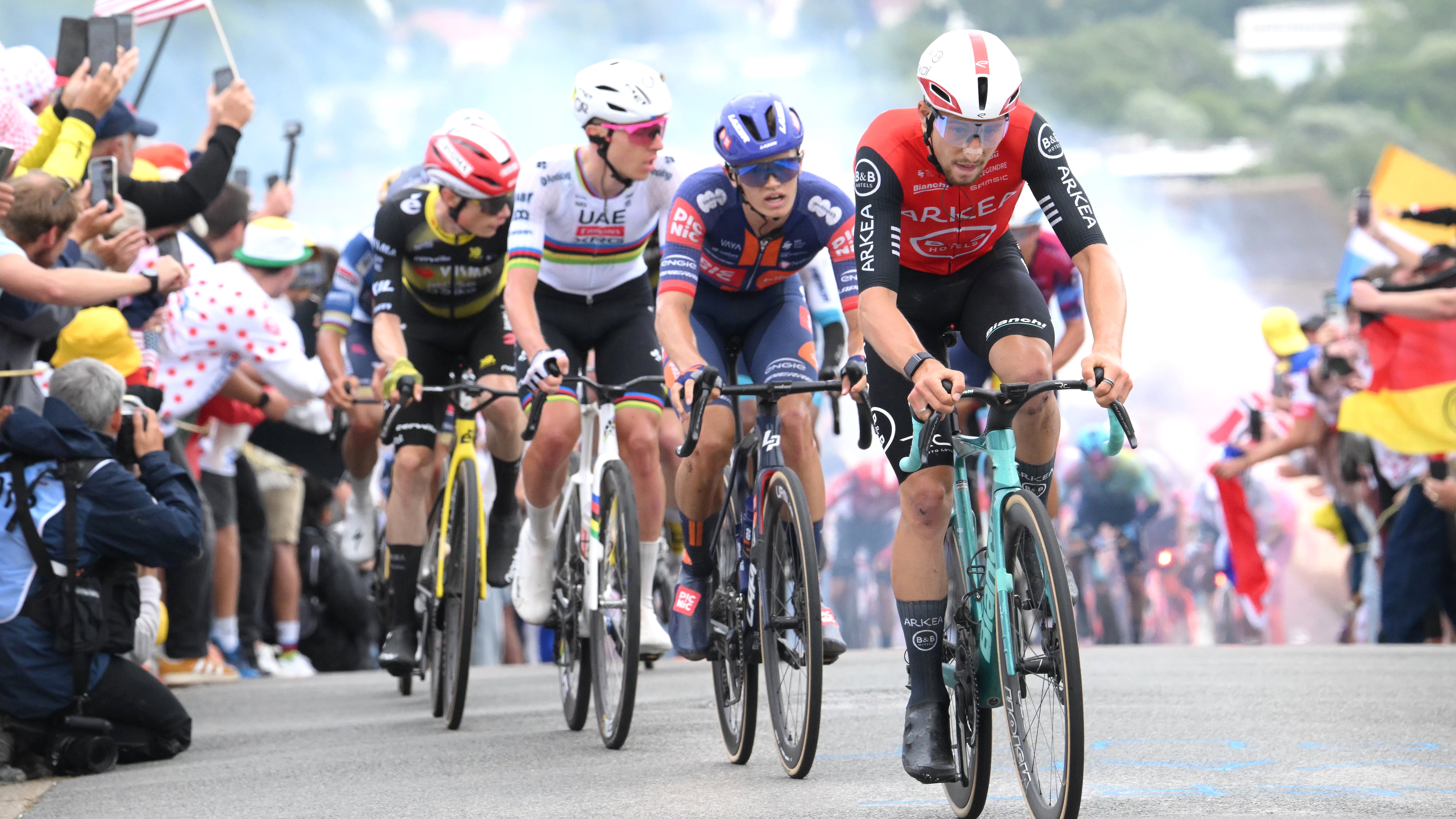 Kevin Vauquelin of France and Team Arkea - B&B Hotels attacks climbing the Cote d'Outreau