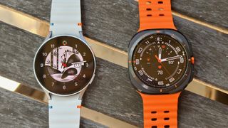 The Samsung Galaxy Watch 7 (left, silver) and Samsung Galaxy Watch Ultra (right, black) side-by-side