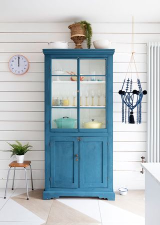 room with clock on white wall blue shelf and plant on white pot