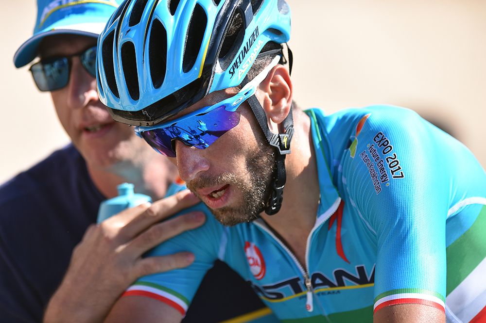 Vinceno Nibali is attended to after winning the Tour of Oman stage 4