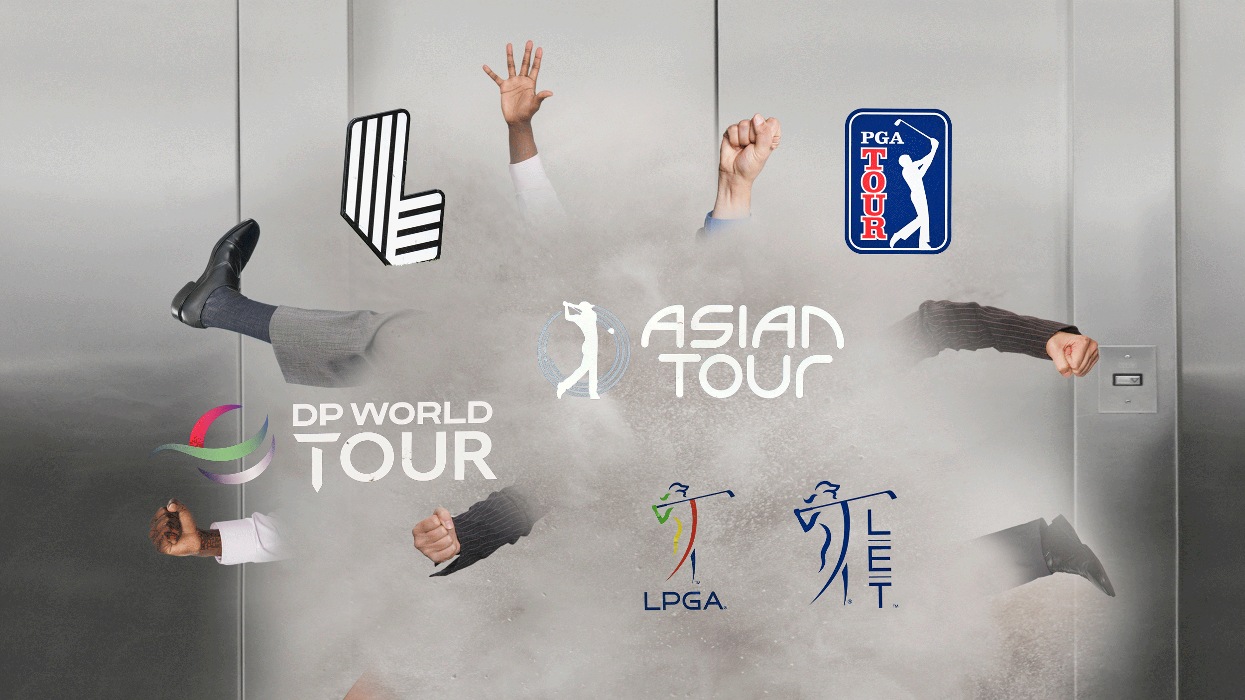 A cartoon image of a fight taking place with arms and legs everywhere and the logos of various pro golf tours randomly placed