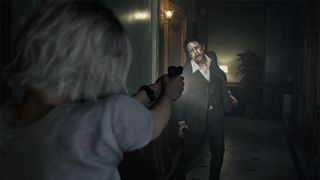 Resident Evil Requiem: Grace aims her gun at a zombie.