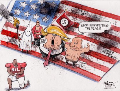 Political cartoon U.S. NFL kneeling protest Trump KKK Putin flag