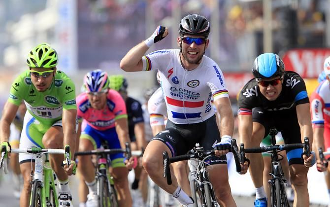 Mark Cavendish (Omega Pharma Quickstep) celebrates Tour de France stage win #24