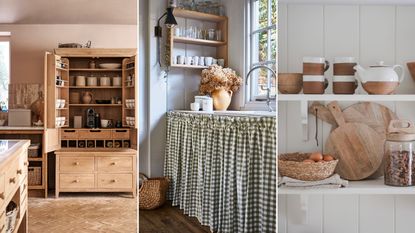 A large wooden kitchen pantry filled with rustic storage containers / A kitchen sink with a green gingham curtain instead of a cabinet door beneath it / A close up of white open shelving with a variety of kitchen items such as cutting boards and storage jars on them