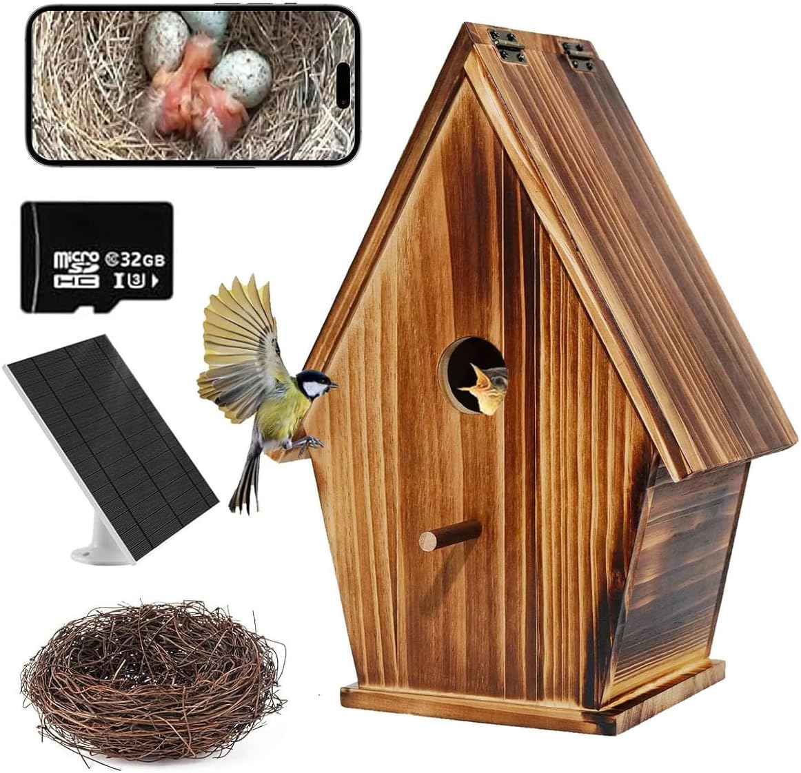 Solar Powered Smart Birdhouse With Camera, 1080p Bird Box With Night Vision for Outside, Auto Capture Bird Video, Motion Detection &amp;amp; 2.4g Wifi App for Bird Activity Monitoring