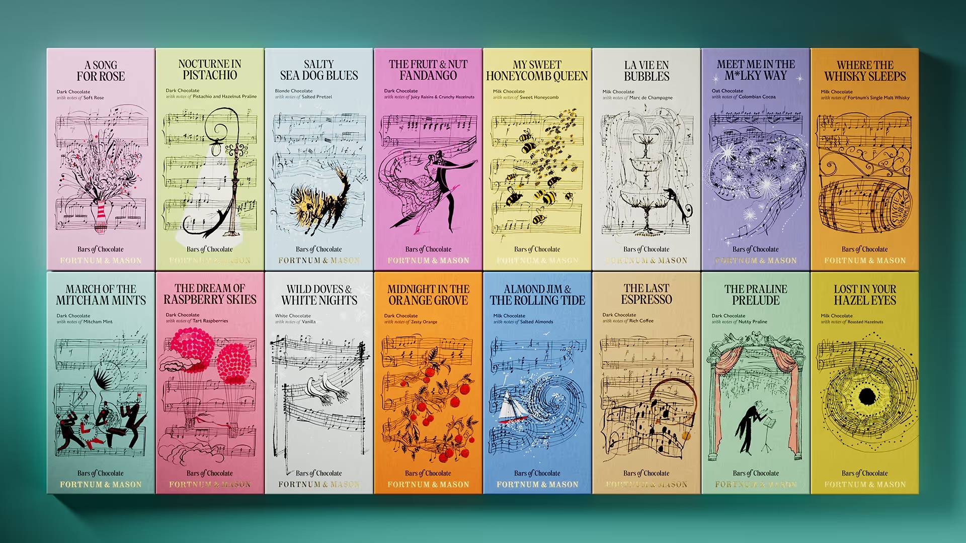 Fortnum & Mason chocolate bars with music notes on the front and illustrations