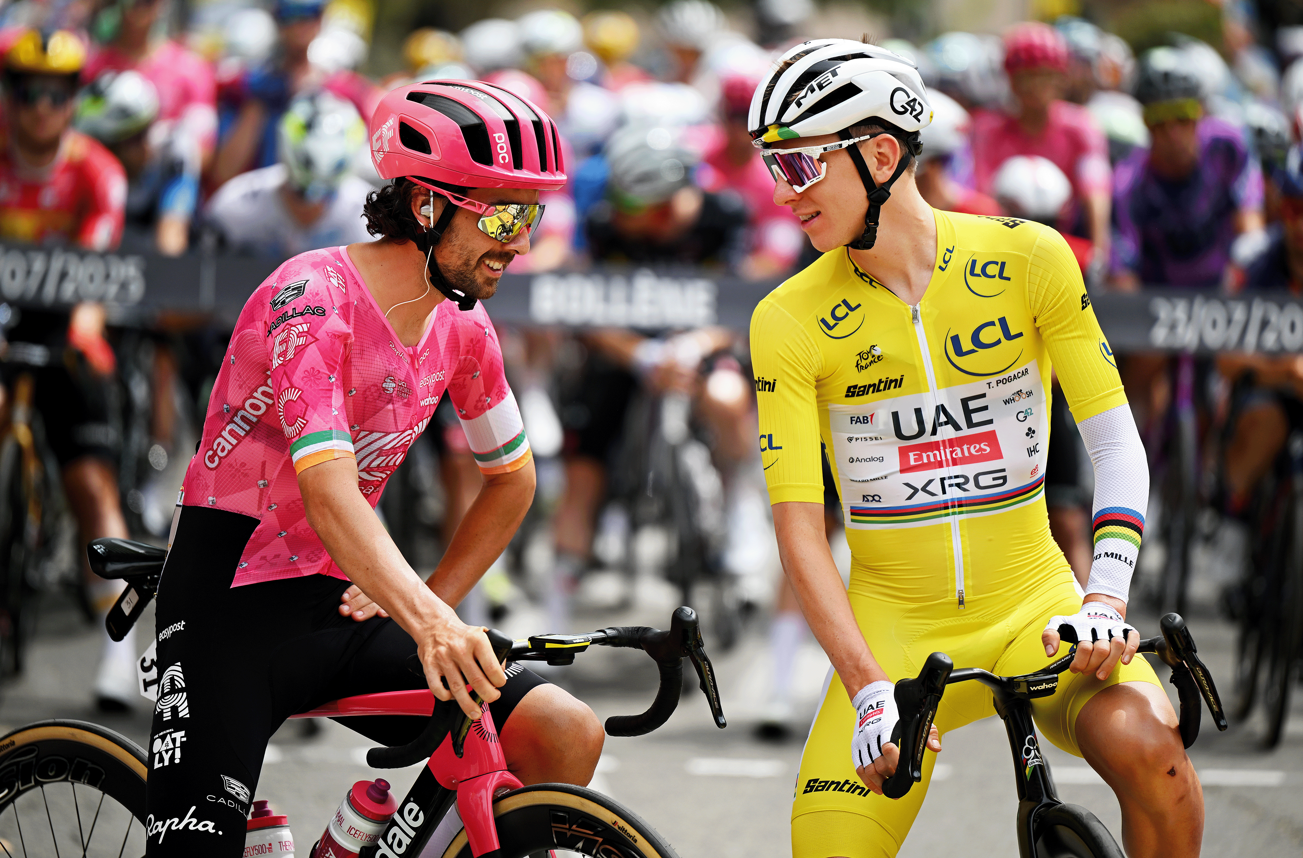 BOLLENE, FRANCE - JULY 23: (L-R) Ben Healy of Ireland and Team EF Education - EasyPost most combative rider prize winner and Tadej Pogacar of Slovenia and UAE Team Emirates - XRG - Yellow leader jersey prior to the 112th Tour de France 2025, Stage 17 a 160.4km stage from Bollene to Valence / #UCIWT / on July 23, 2025 in Bollene, France. (Photo by Dario Belingheri/Getty Images)
