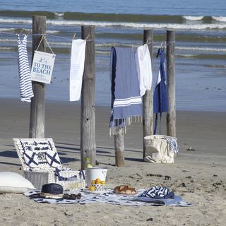 beach activity with basket with items and sheets, towels for relaxing