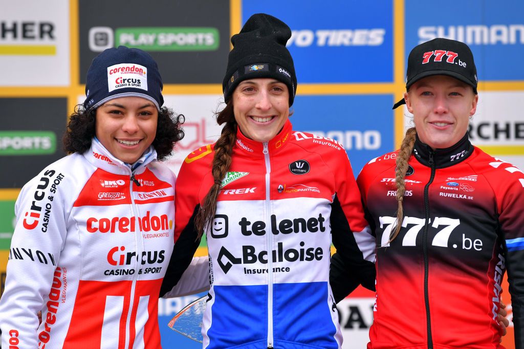 NAMUR BELGIUM DECEMBER 22 Podium Ceylin Del Carmen Alvarado of The Netherlands and Team Corendon Circus Lucinda Brand of The Netherlands and Team Telenet Baloise Lions Annemarie Worst of The Netherlands and Team 777 Celebration during the 11th Namur World Cup 2019 Women Elite UCICX TelenetUCICXWC on December 22 2019 in Namur Belgium Photo by Luc ClaessenGetty Images