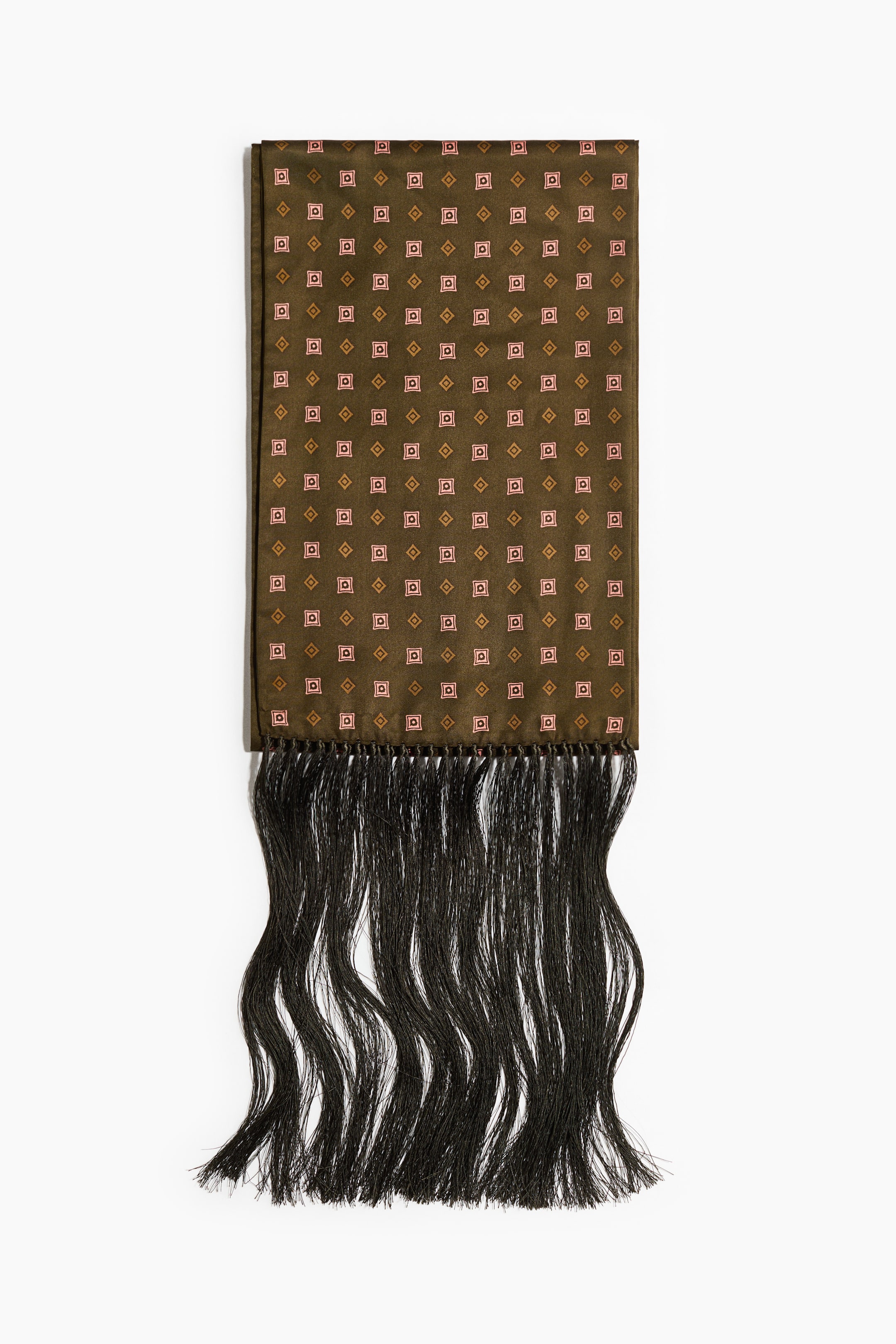 Scarf With Fringe - Olive Green/patterned