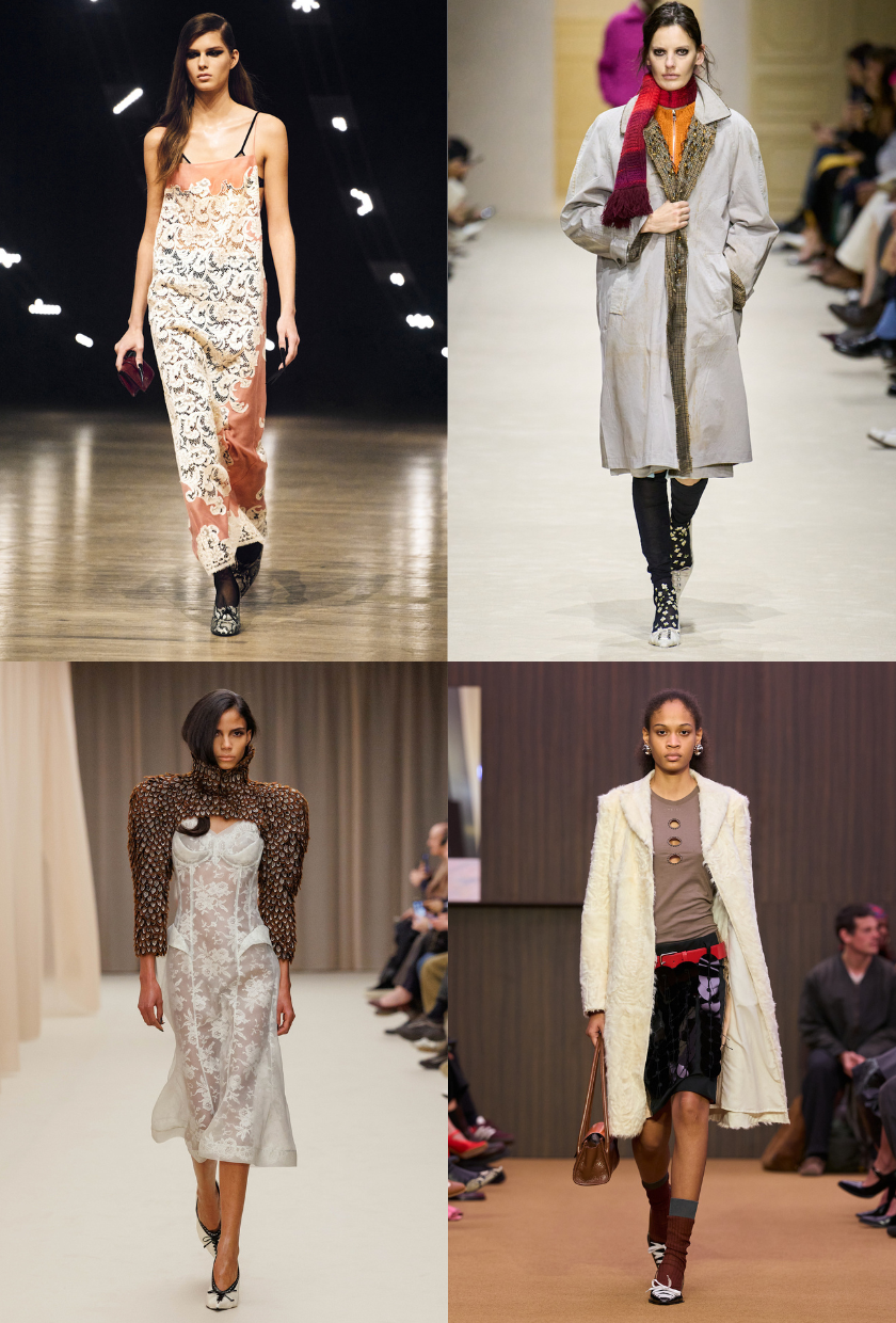 An image of the lace-up heel trend, a key autumn 2026 shoe trend, as seen on the runway at Prada, Khaite, Marni and Alexander McQueen.