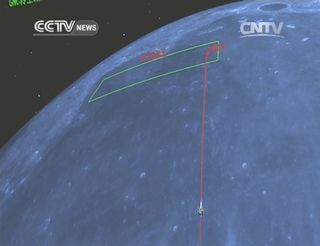 China's Chang'e 3 approaches the moon for a landing on Dec. 14, 2013 in this depiction of its descent engine. The spacecraft was targeted to land in the moon's Bay of Rainbows. Image still captured from state-run CNTV.