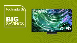 Samsung 65-Inch Class OLED S90D TV on green background with big savings sign