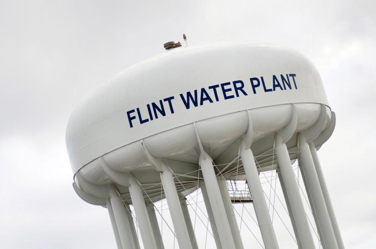 A water tower in Flint, Michigan.