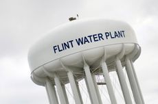 A water tower in Flint, Michigan.