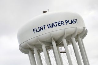 A water tower in Flint, Michigan.