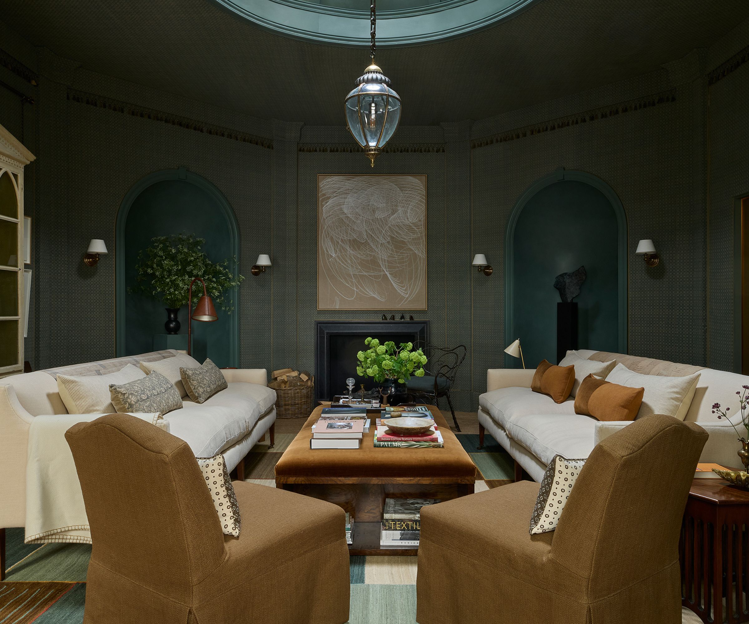 a moody green grasscloth wrapped living room designed by Albion Nord for WOW!House 2026