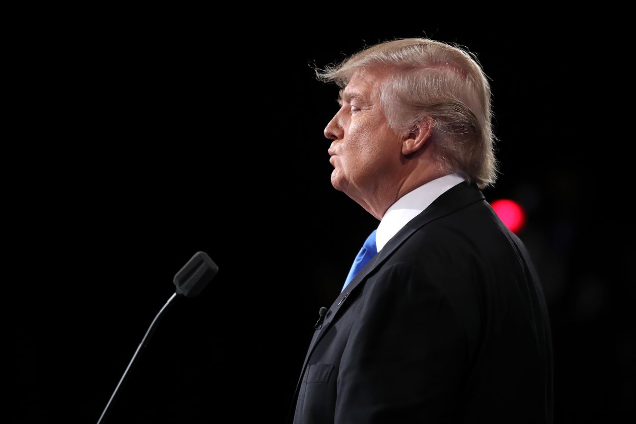 Donald Trump looks out at the crowd