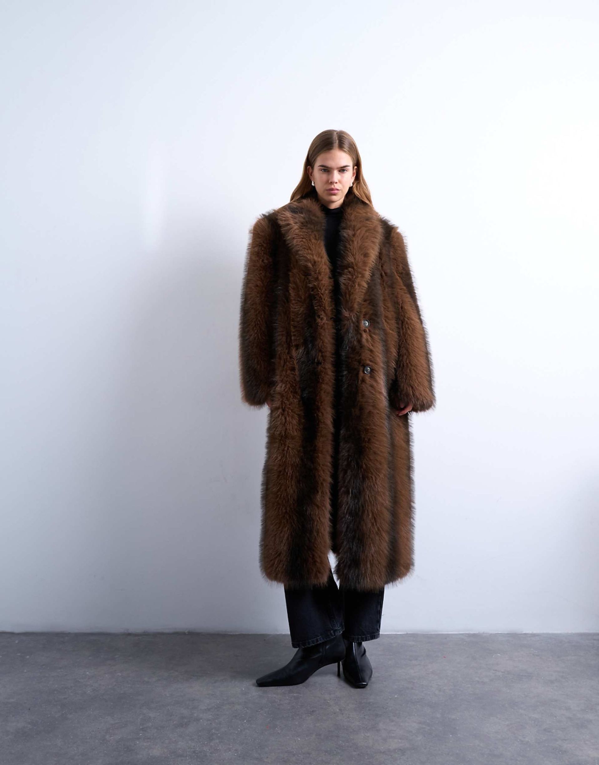 Topshop Faux Fur Longline Striped Coat in Brown