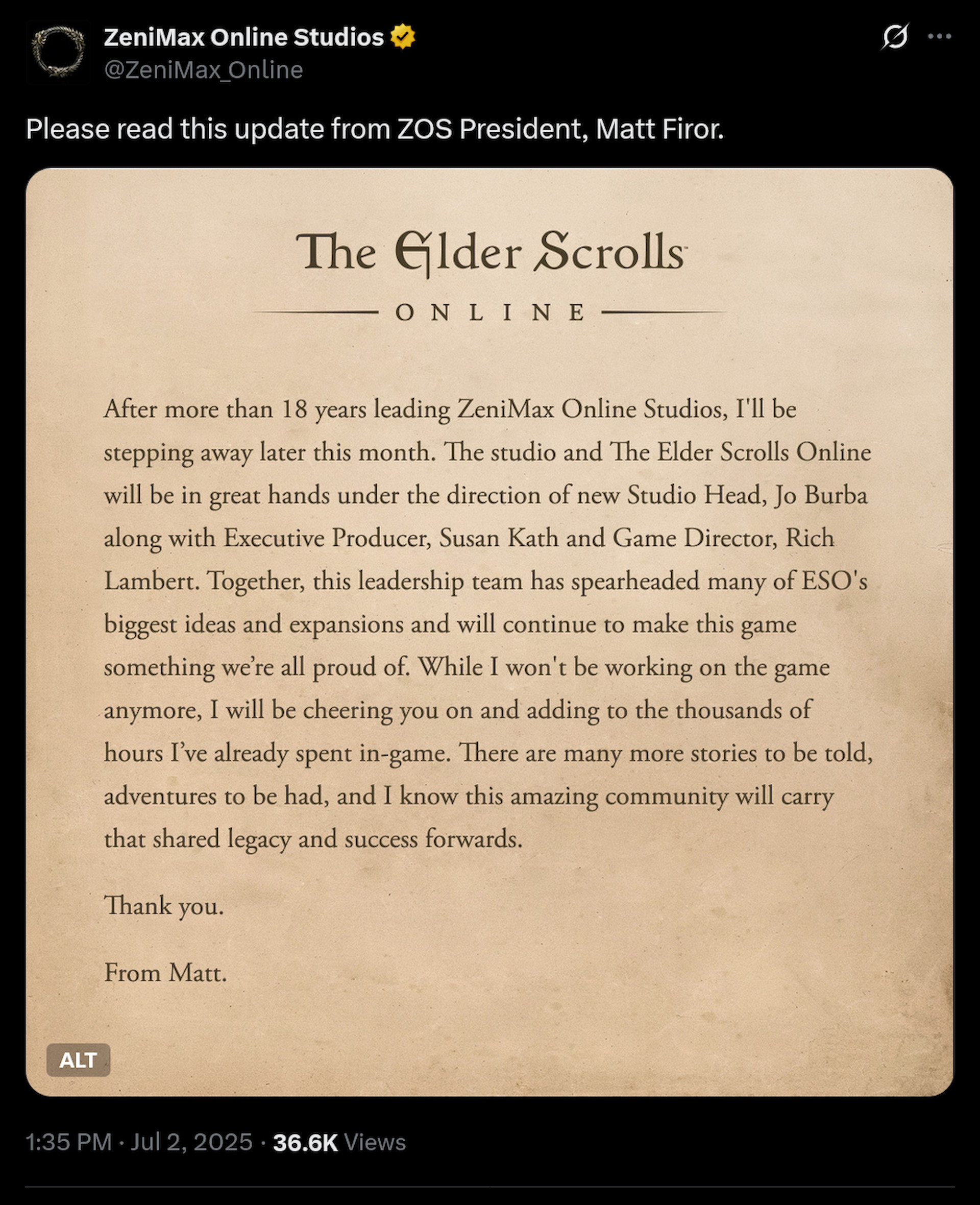 Please read this update from ZOS president, Matt Firor.