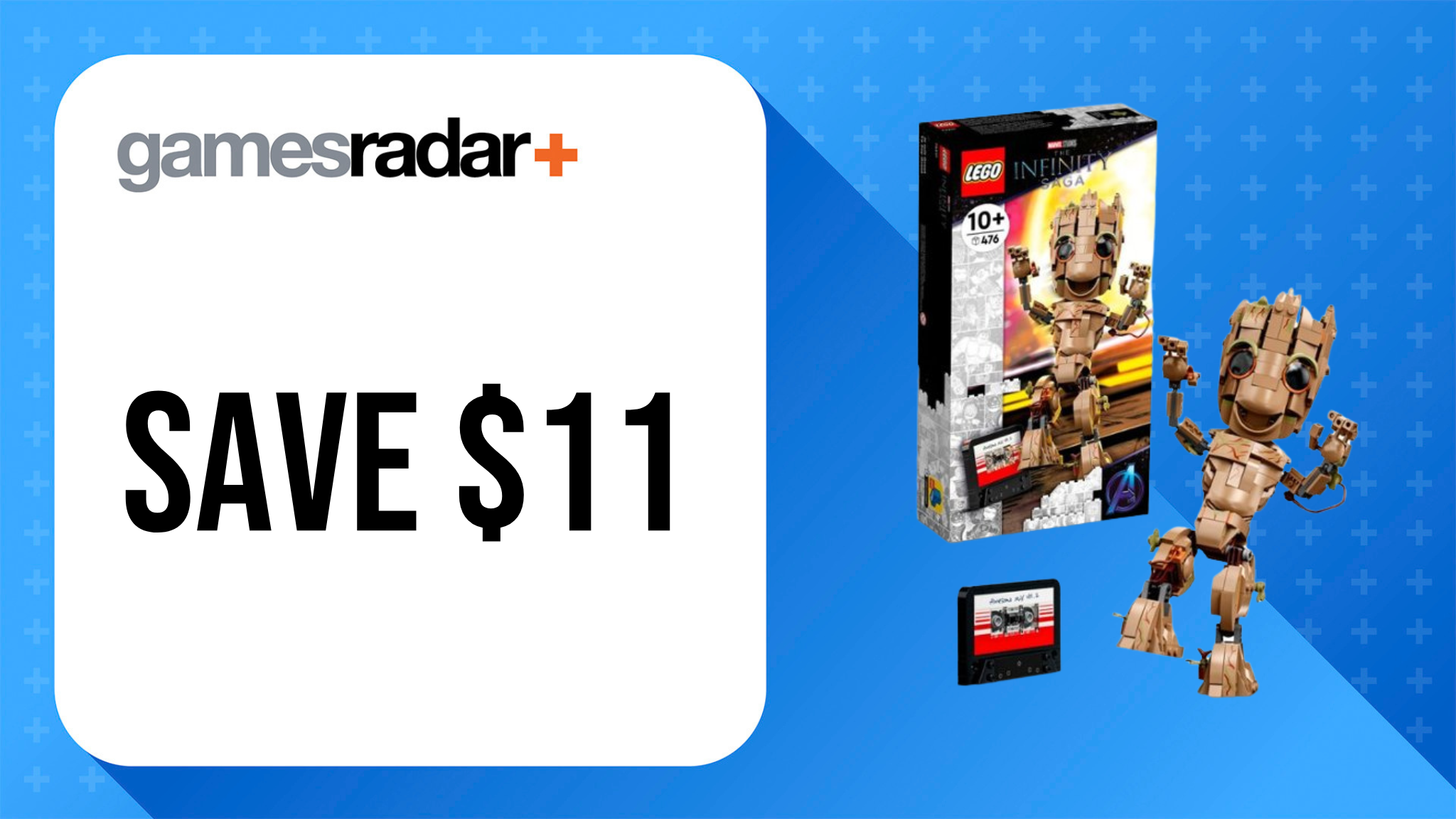 LEGO Marvel I am Groot deal image with $11 saving stamp and blue background
