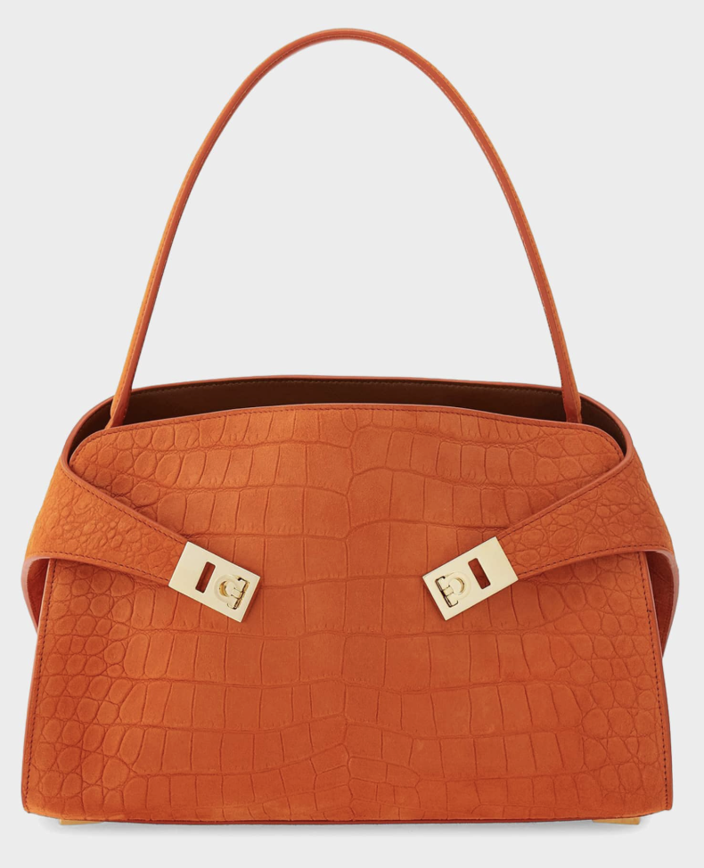 Ferragamo, Hug Soft Suede Alligator-Effect Shoulder Bag