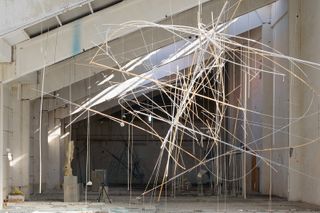 An external open space with a skeletal sculpture created using metal wires