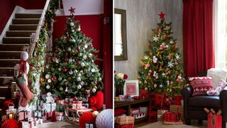 Hallway Christmas tree and living room Christmas trees with red star Christmas tree topper ideas as a metallic star alternative