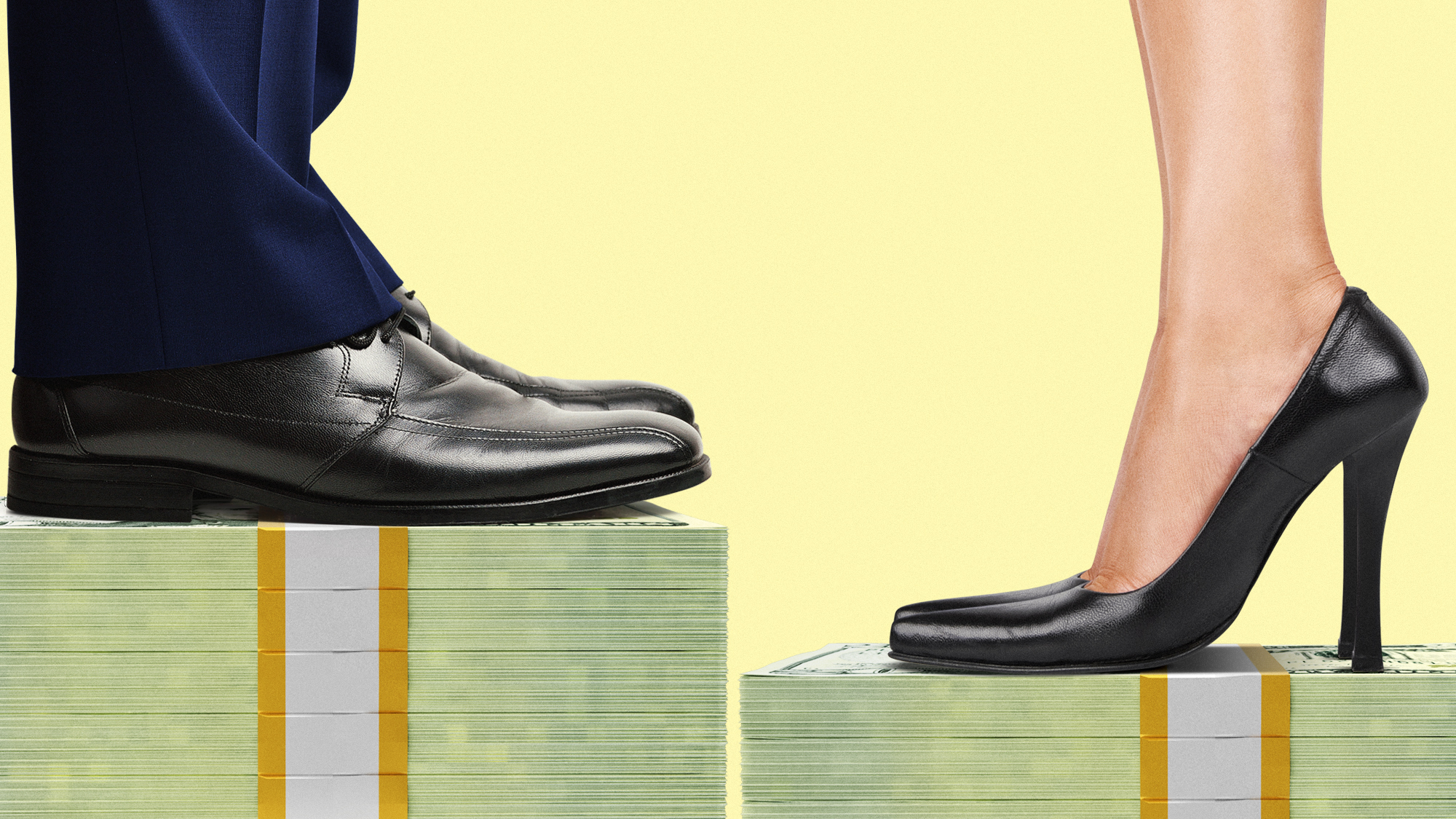 Illustration of a woman standing on a stack of dollars, alongside a man standing on a bigger stack