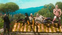 Two Geralts, Ciri, Yennefer, and Regis hang out on a rooftop in the Witcher Online mod