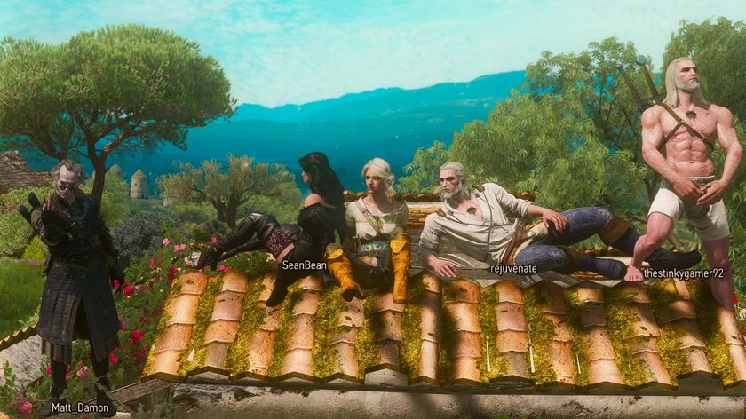 Two Geralts, Ciri, Yennefer, and Regis hang out on a rooftop in the Witcher Online mod