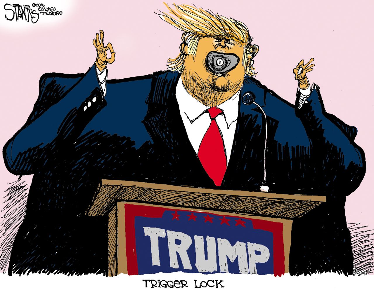 Political cartoon U.S. Donald Trump trigger lock mouth